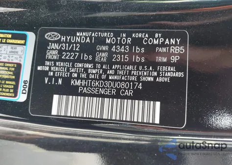 2013 Hyundai Genesis 2.0T Premium from USA, damaged, VIN KMHHT6KD3DU080174